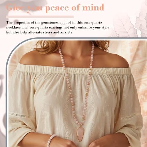 Boho Jewelry Sets for Women | 3 Pcs Natural Amethyst Labradorite Rose Quartz Beaded Long Necklace Wrap Bracelet Dangle Earrings Handmade Vintage - color: Rose Quartz