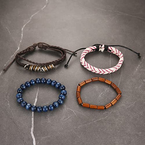 HZMAN Wrap Bracelets Men Women, Hemp Cords Wood Beads Ethnic Tribal Bracelets, Leather Wristbands - style: Hand-made 4 MIX