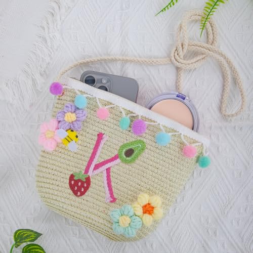 Letter Small Woven Straw Summer Beach Tote Bag for Women 2025,Woven Straw Beach Purse Shoulder Crossbody Bag for Women 2025 - color: Brown K