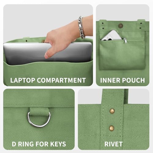 HOMESPON Large Canvas Tote Bag for Women Everything Bag with Pockets and Laptop Sleeve - color: Green