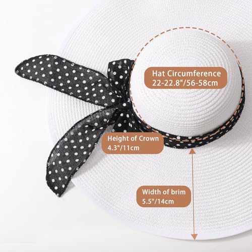 DRESHOW Beach Hats for Women Big Straw Wide Brim Summer Hat Floppy Foldable Roll up Cap Sun Hat UPF 50+ - color: 1 Pack: White With Black Polka Dot Band, 4.7" Brim