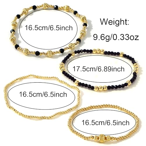 Dainty 14K Gold Lantern Beaded Bracelets Stack for Women,4PCS Colorful Glass Beads Stretch Stackable Bracelets Set Fashion Prom Jewelry Gift Friendship - color: Black