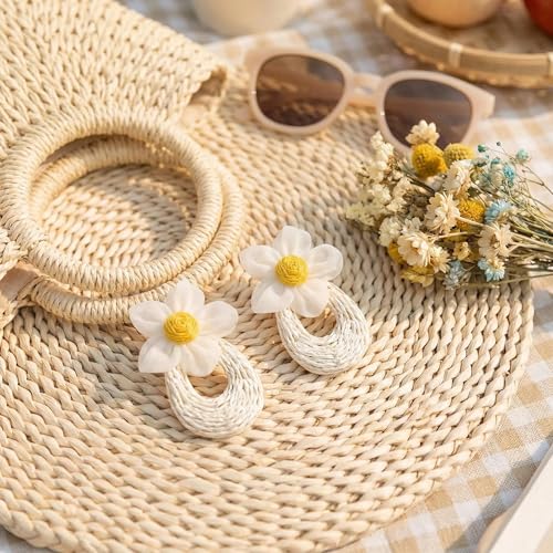 Woven Raffia Rattan Earrings for Women, Boho Flower Hoop & Drop Dangle Earrings Collection, Handmade Summer Beach Vacation Statement Earrings for Party Daily Wear - color: White Daisy Woven Hoop