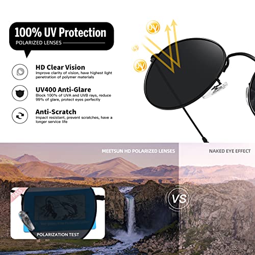 MEETSUN Round Polarized Sunglasses for Women Men Classic Retro Metal Frame Sun Glasses UV Protection - color: Black/Grey