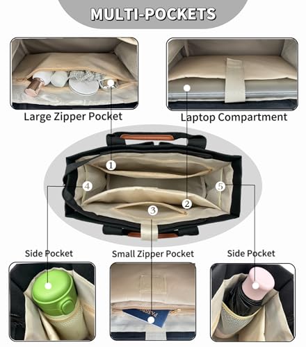 Large Canvas Tote Bag for Women Work Tote Bags with Pockets Laptop Crossbody Purses Everyday Bag Handbags for Travel - color: New Upgrade Plus Black