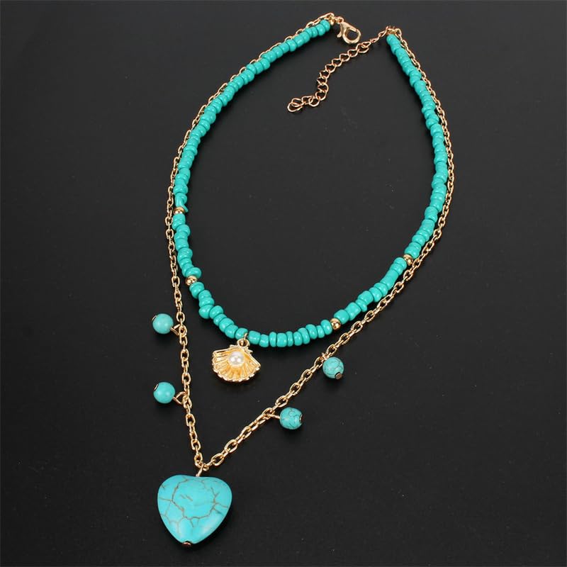 Pingyongchang Boho Layered Western Turquoise Necklaces for Women Vintage Stone Beaded Chokers Butterfly Catus Chain Country Concert Cowgirl Cowboy Jewelry Holiday Gifts - style: E Heart
