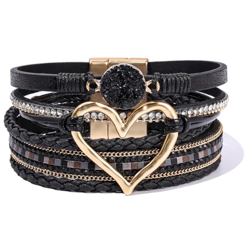 Boho Leather Wrap Bracelets Beaded Stackable Cuff Bracelet Country Concert Outfits Cowboy Cowgirl Western Jewelry Gifts for Women - color: Heart-Black