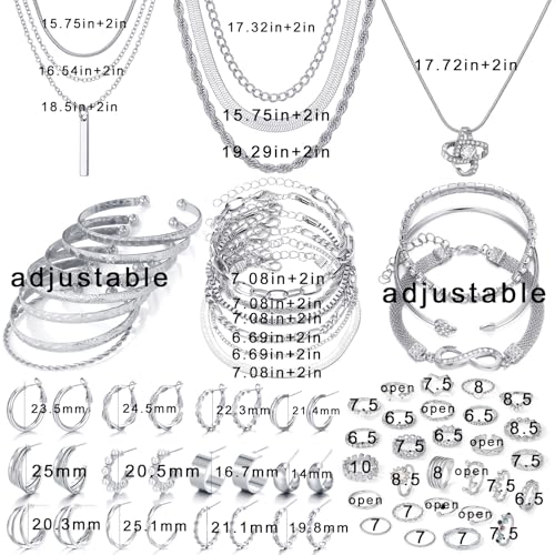 IFKM 36 PCS Silver Plated Jewelry Set with 3 PCS Necklace, 12 PCS Bracelet, 7 PCS Ear Cuffs Earring, 14 Pcs Knuckle Rings for Women Valentine Anniversary Birthday Friendship Gift - color: Trendy Silver Set