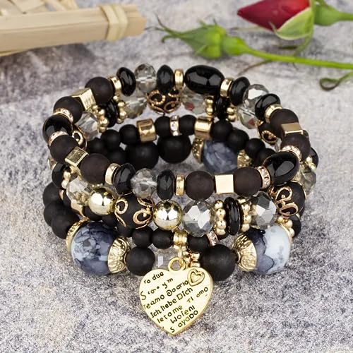 Women Beaded Bracelet Set | Colorful Boho Stackable Trendy Design with Crystal Accents Multilayer Bangle Bracelet | Fashion Stretch Braclets Jewelry for Women - color: Black