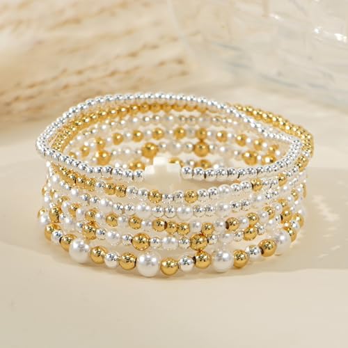 Silver Gold Beaded Bracelets for Women Stackable 14K Gold Plated Beads Ball Cross Bracelet Stack Non Tarnish Elastic Stretch Trendy Jewelry Christian Friendship Christmas Gifts for Women - color: 6pcs-Pearl