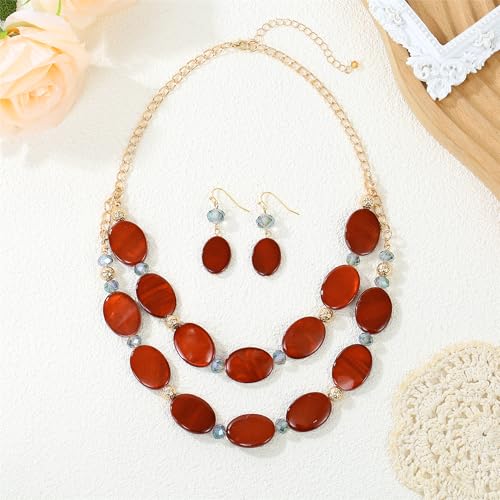 2 Layered Chunky Beaded Shell Necklace for Women Sea Shell blue/yellow/red/green/turquoise/teal/white Statement Necklace and Earring Set Elegant Women Necklace Set Jewelry Sets for Women - color: burnt orange