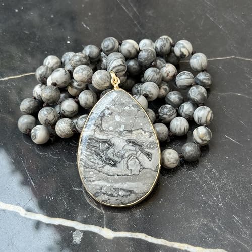 Long Genuine Stone beads and Pendant Necklace for Woman. Hand Knotted natural stone beads with big non-precious stone statement necklace. HANDMADE Boho Jewelry for women. - color: Grey