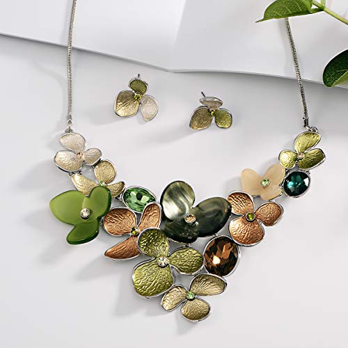 AMYJANE Vintage Statement Jewelry Set - Spring Leaf Flower Floral Plant Necklace Earring Set Crystal Rhinestone Fashion Costume Jewelry for Women Prom Party Unique Gift - style: meilian flower jewelry set green