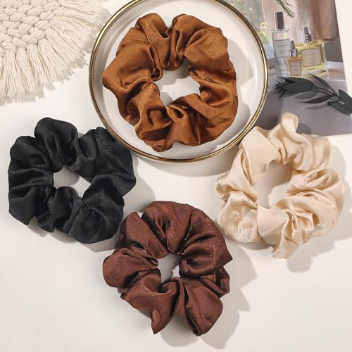 Hair Scrunchies for Women - Hair Ties No Damage Both for Thick Hair or Thin Hair Curl Hair No Crease Scrunchies Ponytail Holder No Hurt Your Hair - color: Black Brown Kaki Beige