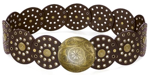 Wide Disc Belt for Women Vintage Leather Hollow Out Round Belt Western Waist Belt - color: Copper Coffee, size: L (53.1 in)