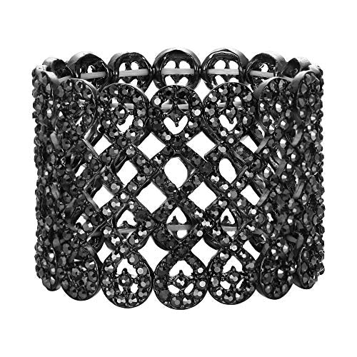 EVER FAITH Art Deco Love Knot Wide Stretch Bridal Bracelet Austrian Crystal - color: Black Black-Tone