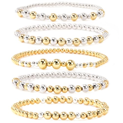 Gold Bracelets for Women Stackable 14K Gold Silver Plated Beaded Bracelets Stack Elastic Stretch Non Tarnish Bead Ball Stack Stretch Adjustable Dainty Jewelry Trendy Prom Gifts for Women - color: Gold Silver