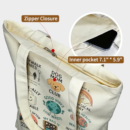 itgowisa Canvas Tote Bag for Women, Tote Bag with Zipper Inner Pocket, Zippered Canvas Bag for Shopping Work Grocery Everyday - style: Positive Slogan