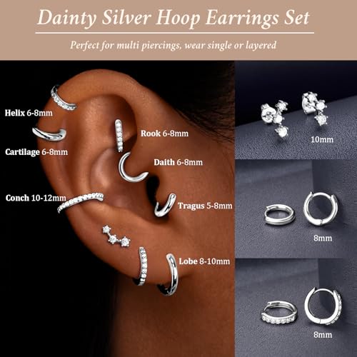 Poxtex Small Sterling Silver Huggie Hoop Earrings Set for Women, Hypoallergenic 14K Gold Plated Hoops Stacks for Multiple Piercings, Dainty Cute Mini Lightweight Cartilage Studs Trendy Jewelry Gift - color: Silver-climber