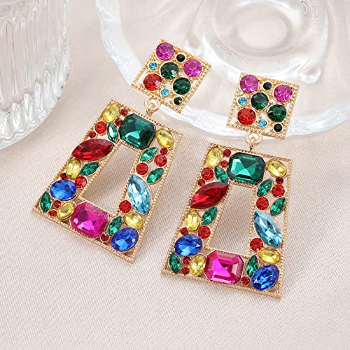 Rhinestone Rectangle Statement Earrings Colorful Crystal Geometric Drop Dangle Earrings for Women Prom Party - color: colorful