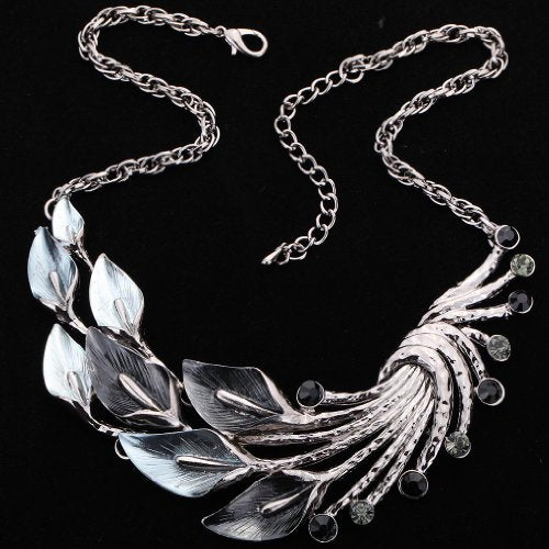 YAZILIND Ethnic Style Tibetan Silver Peacock Crystal Chunky Bib Earrings Necklace Set Wedding Party - color: Black