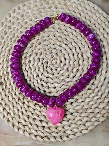 Chunky Colorful Beaded Statement Boho Summer Beach Chokers Necklace Heart Pendant Pink Green Yellow Brown Fashion Jewelry - color: Cranberry pink