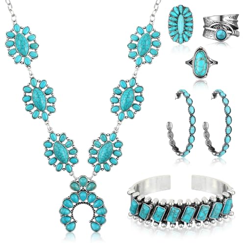 Ecally Bohemian Western Jewelry Turquoise Set Women Country Pendant Long Choker Layered Bracelets Earrings Ring for Women - color: Turquoise, style: Vibrant