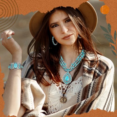 Ecally Bohemian Western Jewelry Turquoise Set Women Country Pendant Long Choker Layered Bracelets Earrings Ring for Women - color: Turquoise, style: Rustic