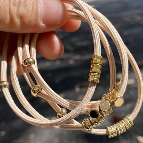 Blonde Boho Hair Ties Bracelet, Cute Ponytail Holders with Gold Bead Jewelry for Women, Trendy Elastic Hair Accessories for Thick, Thin, Curly Hair (Beige) - color: Beige-06