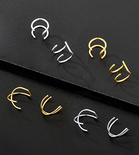 Tornito 4-10 Pairs Stainless Steel Ear Cuff Helix Cartilage Clip On Wrap Earrings Fake Nose Ring Non-Piercing Adjustable - color: B2:4 Pairs, Silver&Gold Tone
