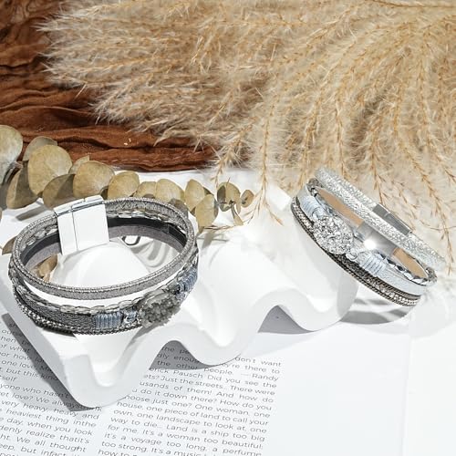 2Pcs Boho Bracelets Woven Leather Multi-Layer Wrap Crystal Bead Bracelet Inlaid Rhinestone Stackable Fashion Women Bracelet Jewelry (Gray + Silver)