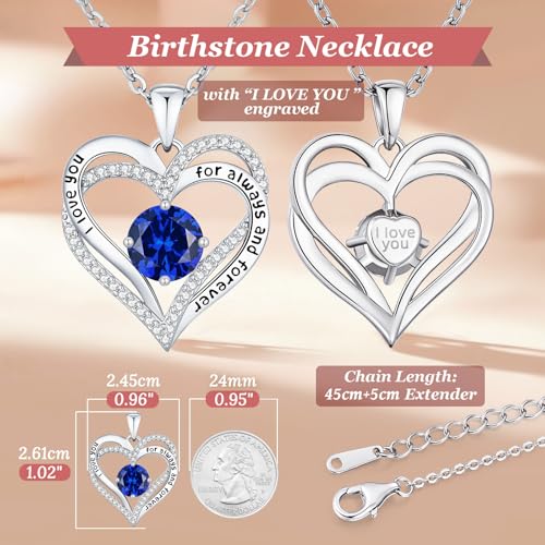 CDE Engraved Forever Love Heart Birthstone Necklace Jewelry Gifts for Women | Hypoallergenic,Nickel-Free & Lead-Free,3 x 3 mm 5A CZ Heart Pendant,Anniversary Christmas Birthday Gift for Girlfriend Wife - color: Birthstone-09-Sept, style: Rhodium Plated-Br