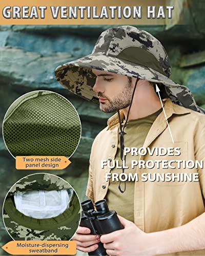 Tirrinia Wide Brim Sun Hat with Neck Flap for Men & Women, Breathable Hiking Fishing Safari Hat, Outdoor UV Protection Cap - color: Digital Camo Green