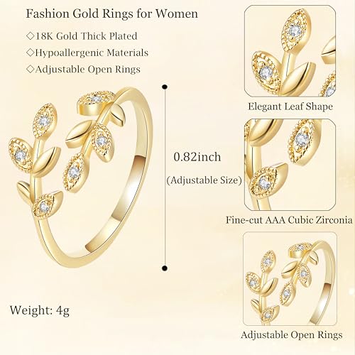 Gold Rings for Women Non Tarnish, 18K Gold Plated Trendy Stackable Gold Rings, Adjustable Open Statement Rings with Cubic Zirconia - color: Leaf Rings
