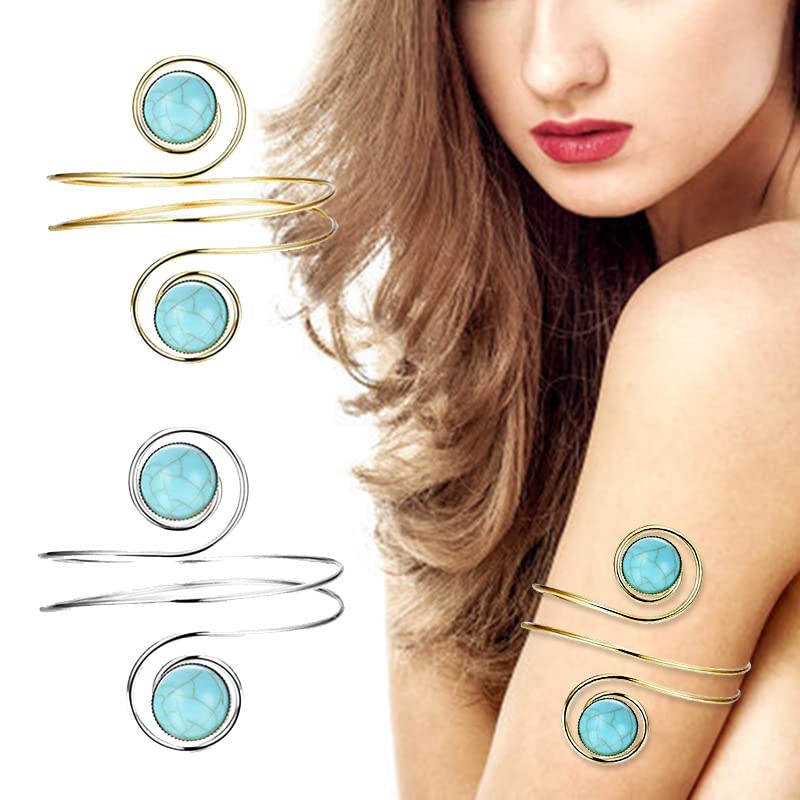 Caiyao Boho Upper Arm Bracelet Cuff Bangle Gold Silver Geometric Cuff Bracelets Mental Open Upper Arm Bangle Bracelet Adjustable Armband Jewelry for Women - style: Turquoise Gold