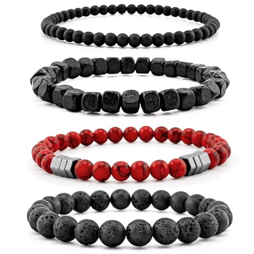 Men’s Hematite Bracelet Set Boho Multi - Tiger Eye/Matte Agate/Lava Rock Gifts for Birthday/Anniversary/Christmas - color: F07 Red Turquoise