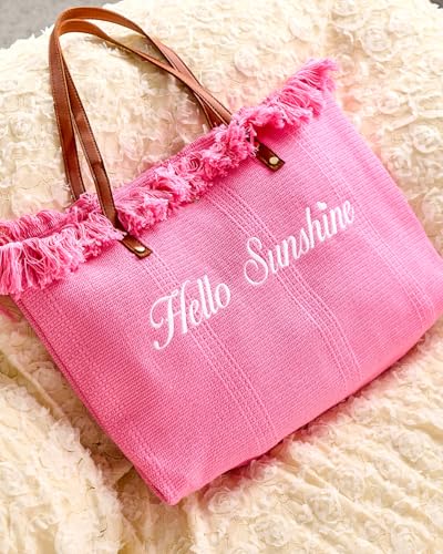 Personalized Embroidered Bridesmaid Tote Bag, Custom Large Women Vaction Travel - color: Pink - Hello Sunshine