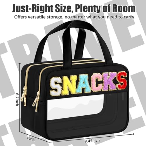 BuyCard Chenille Letter Clear Makeup Bags, Snacks Bag for Travel, Preppy Patch Nylon Cosmetic Bag with Handles and Zipper, Waterproof Large Clear Travel Toiletry Bag Storage Bag for Women Black - color: Black-Snacks