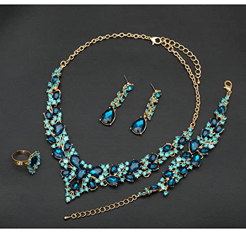 CSY 4 Pcs/Set Austrian Crystal Necklace Earrings Bracelet Ring Bridal Jewelry Sets for Brides Wedding Party Costume Accessories Gifts for Women - color: 02-gold plated-aquamarine