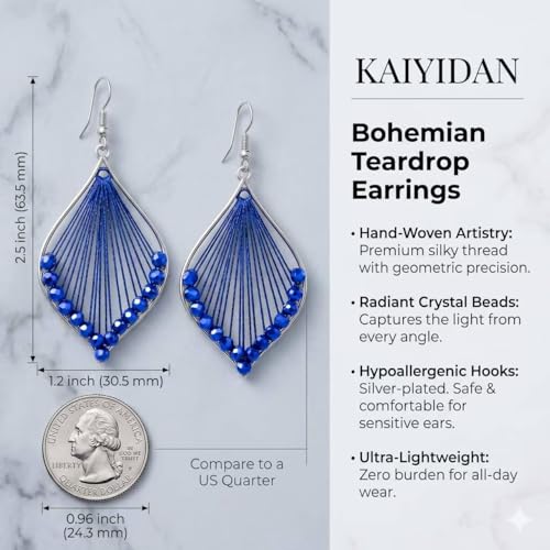 Silver Dangle Earrings For Women Trendy,Boho Cute Drop Western Earings,Vintage Gothic Ethnic Statement Beach Vacation Long Earrings with Leaf Teardrop Turquoise Crystal Tassels,Fashion Jewelry Birthday Gift. - color: A48) Handwoven Braided Rope Blue Beads