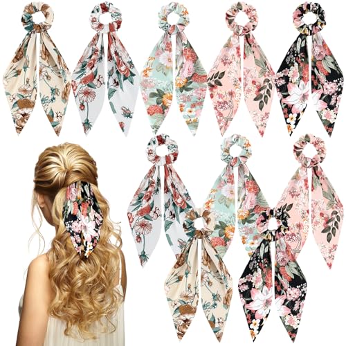 Chuangdi 10 Pcs Hair Scrunchies Hair Scarf with Ribbon Bunny Ears Chiffon Floral Bow Ponytail Holder Boho Elastic Floral Ropes 2 in 1 Vintage Accessories for Women(Vintage) - style: Vintage