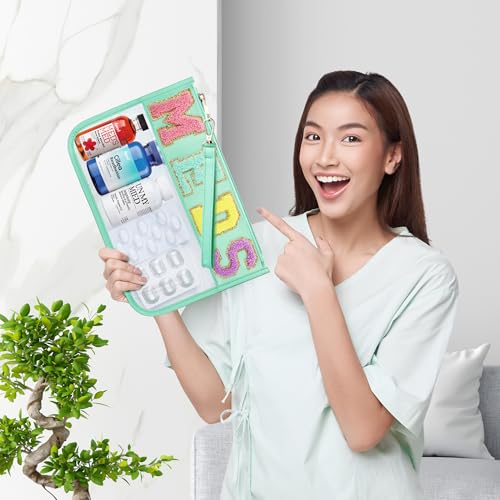 BuyCard Chenille Letter Clear Medicine Bags, Makeup Meds Bags, Preppy Patch Cosmetic Bag with Zipper and Wristlet, Waterproof PU&PVC Toiletry Medicine Storage Case, Portable Travel Drugs Pills Pouch - color: Green-Meds