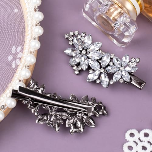 PAGOW 3pcs Silver Flower Rhinestone Hair Clips, Bling Crystal Hair Barrettes Clips for Women, Glitter Flower Bridal Headpiece Accessories for Wedding Birthday Parties - color: Silver 3pcs-B Style