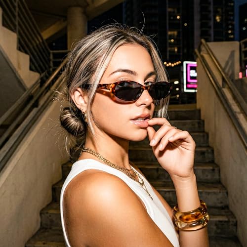FEISEDY Retro Oval Womens Sunglasses, Trendy Cat Eye Skinny Chic Narrow Y2K 90s Small Sunnies B9177 - color: Leopard Frame - Black