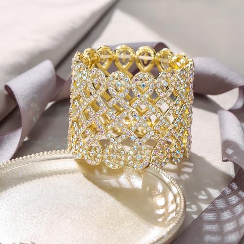 EVER FAITH Art Deco Love Knot Wide Stretch Bridal Bracelet Austrian Crystal - color: Iridescent AB Gold-Tone