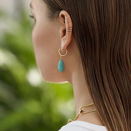 Gold Plated Huggie Hoop Earrings with Charms Fashion Pearl Drop Dangle Earrings for Women Handmade Karma Circle Jewelry for Ladies Lightweight Pearl Earrings on Christmas - color: turquoise-teardrop