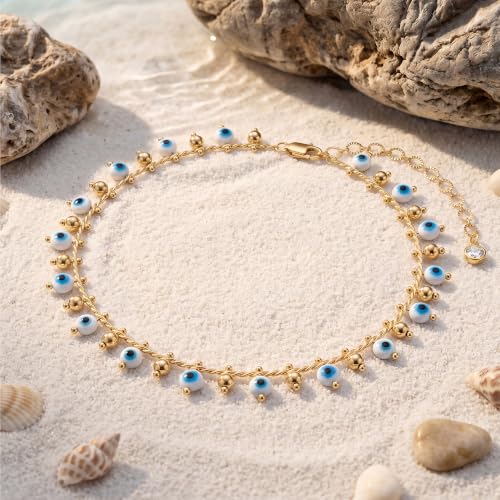 MTMY Gold Anklets for Women 14K Gold Plated Tiny Bead Anklet Colorful Tassel Foot Chain Dainty Adjustable Cute Summer Beach Boho Anklets Jewelry Gift - style: evil eye