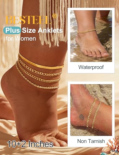 Besteel Ankle Bracelets for Women Waterproof - 14K Gold Plated Non Tarnish Layered Cuban Link Chain Rope Figaro Herringbone Anklets Set Plus Size Anklet Summer Foot Jewelry Gift Adjustable 8-12 Inch - style: 4 Pcs Gold Cuban-10+2 Inch