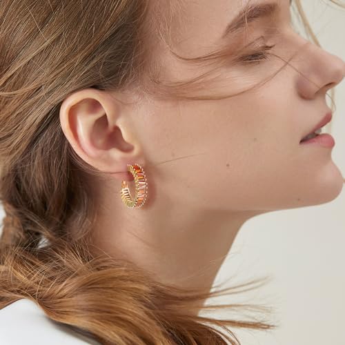 Trendy 14K Gold Plated Hoop Earrings for Women, Chunky Gold/Silver Earrings for Women Cubic Zirconia Baguette Hoop Earrings Heart Hoops Lightweight Hypoallergenic Jewelry,25mm/35mm/40mm/50mm - color: 01 Gold Burnt Orange Hoops 25mm