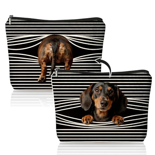 Funny Dachshund Makeup Bag, Dachshund Lovers Gifts for Women Cosmetic Bag, Weiner Dog Gifts for Women, Funny Weiner Dog Striped Small Toiletry Bags Zipper Makeup Pouch - color: 03-funny Peeping Dachshund